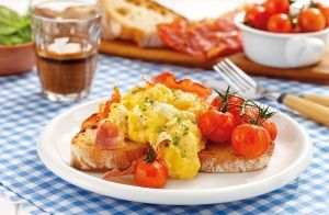 Fetta Scrambled Eggs with Roasted Tomatoes & Prosciutto recipe made with Lemnos Fetta